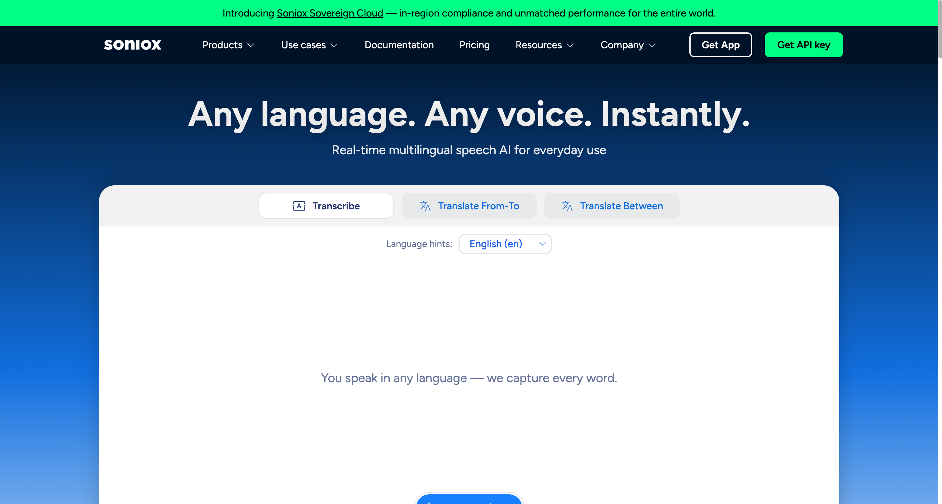 Soniox 실시간 필사 및 번역 앱 스크린샷
